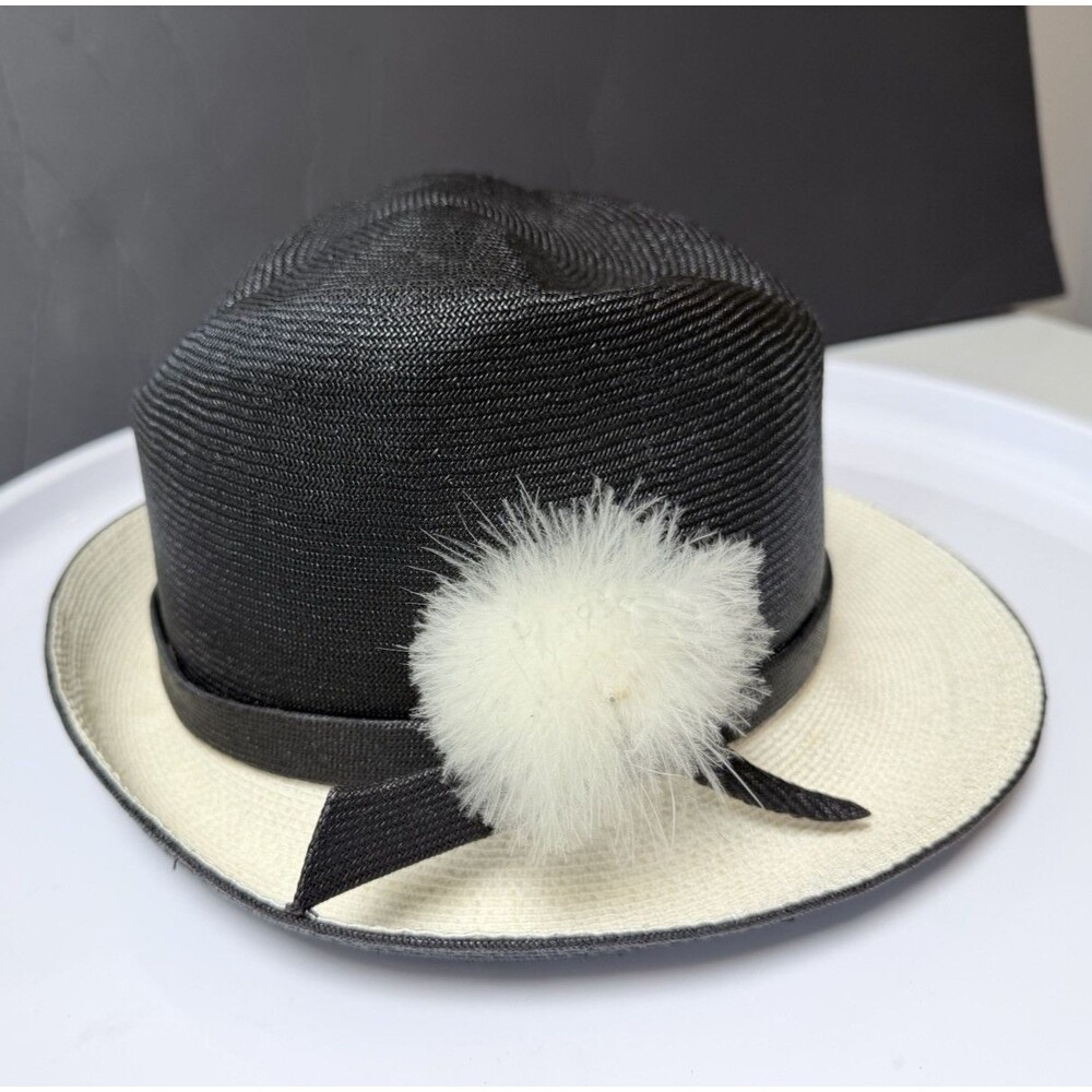 Vintage Mr John Classic Hat Black Ivory Straw Fedora delicate Pom Pom NY Paris - Picture 5 of 16